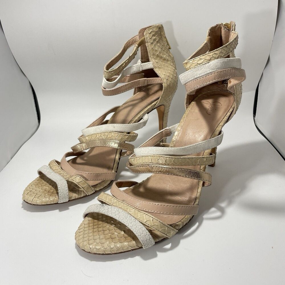 Joie Snakeskin Embossed Strappy High Heel Sandals Beige Multi Size 40 (US 9.5-10